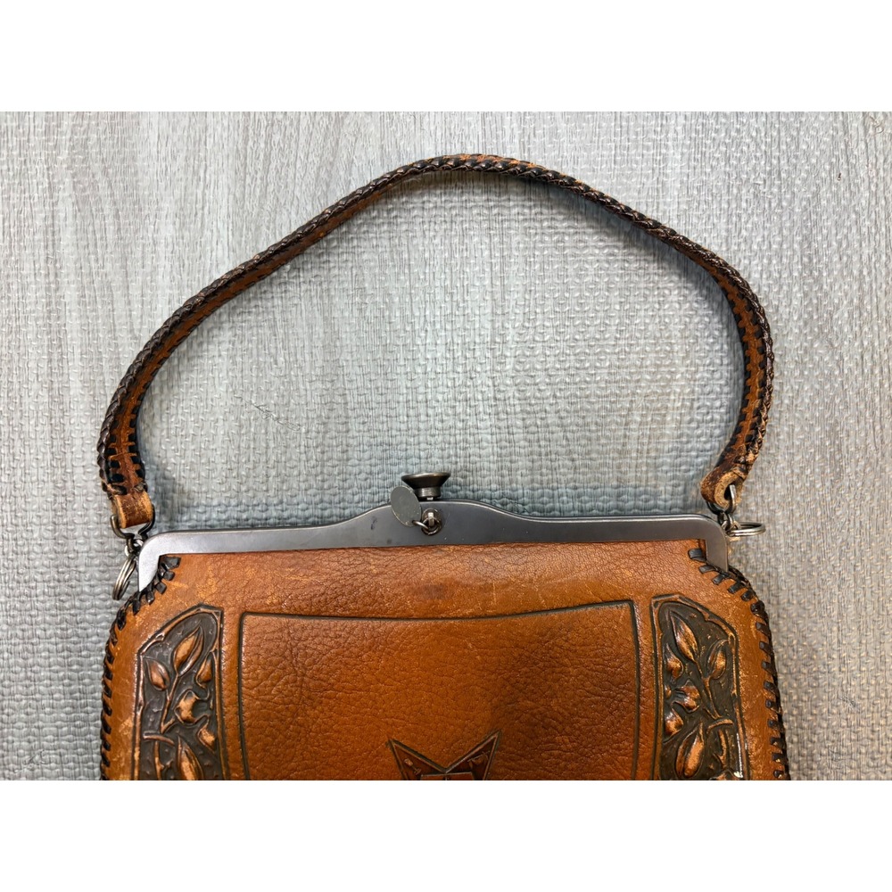 Vintage Meeker Made Tooled Leather OES Eastern Star Handbag Brown Masonic - Picture 5 of 15